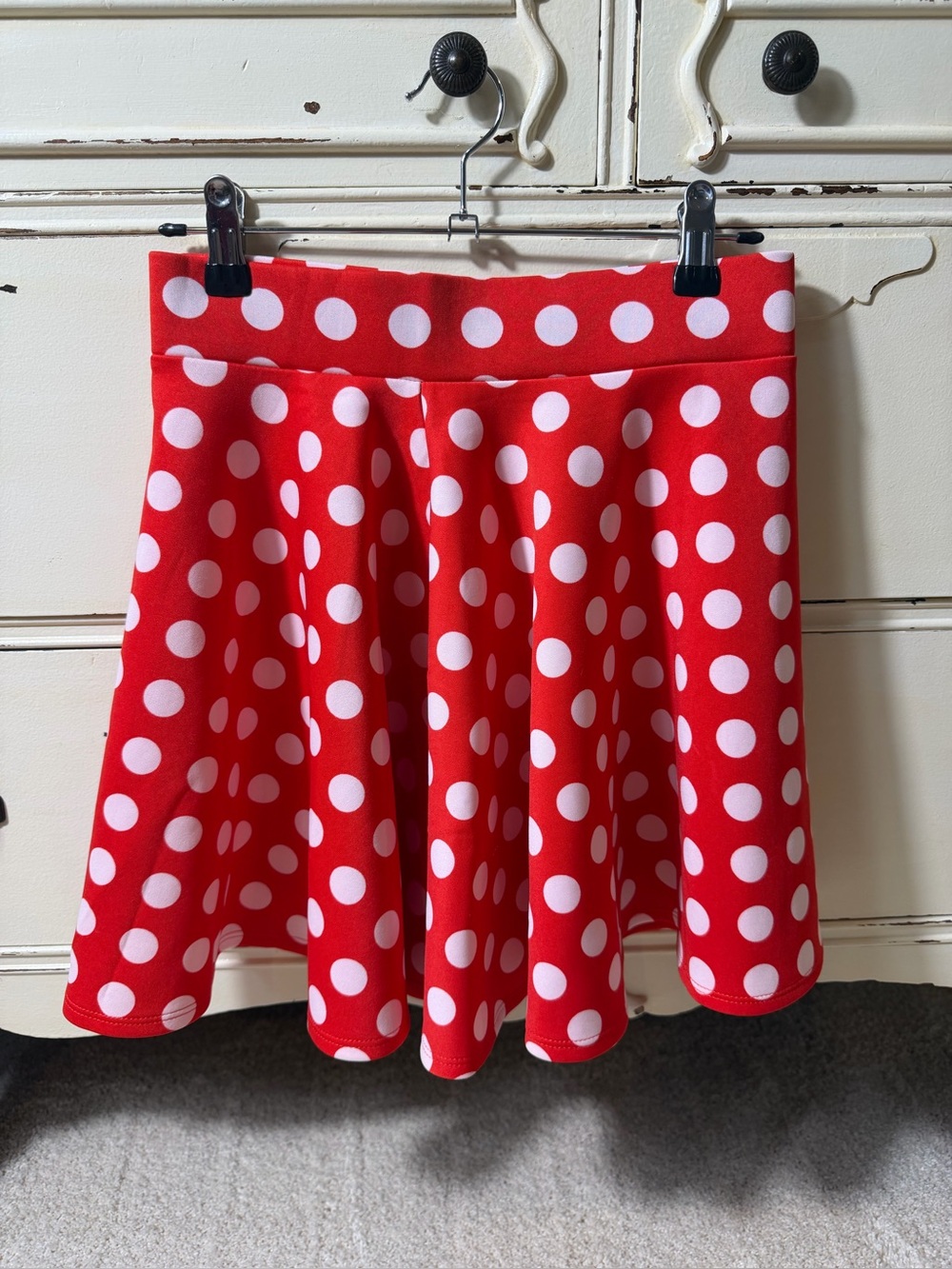 Red Mini Flared Skirt with White Polka Dots Elastic Waist Size Small